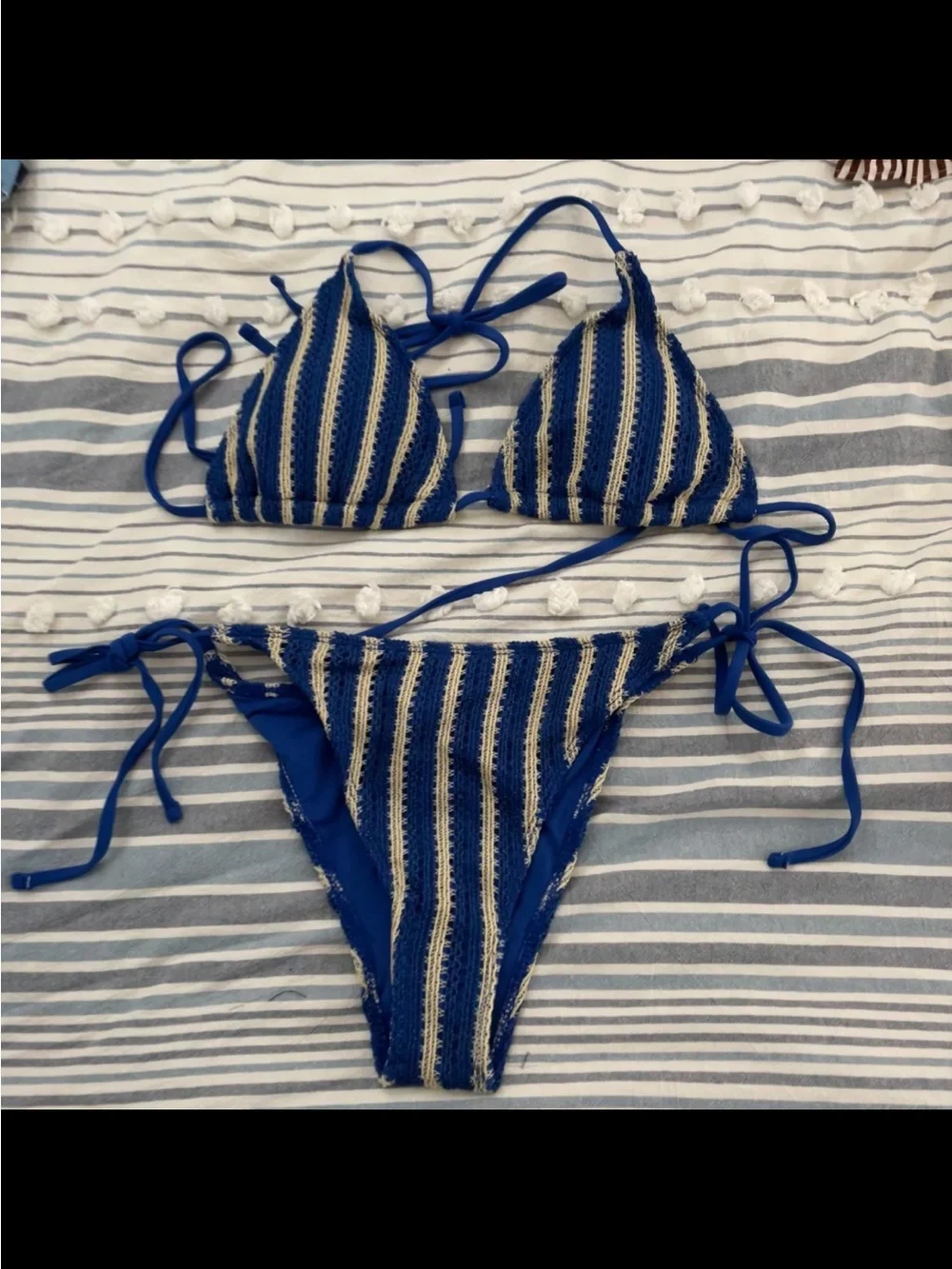 Striped Blue and Cream Crochet Bikini Set